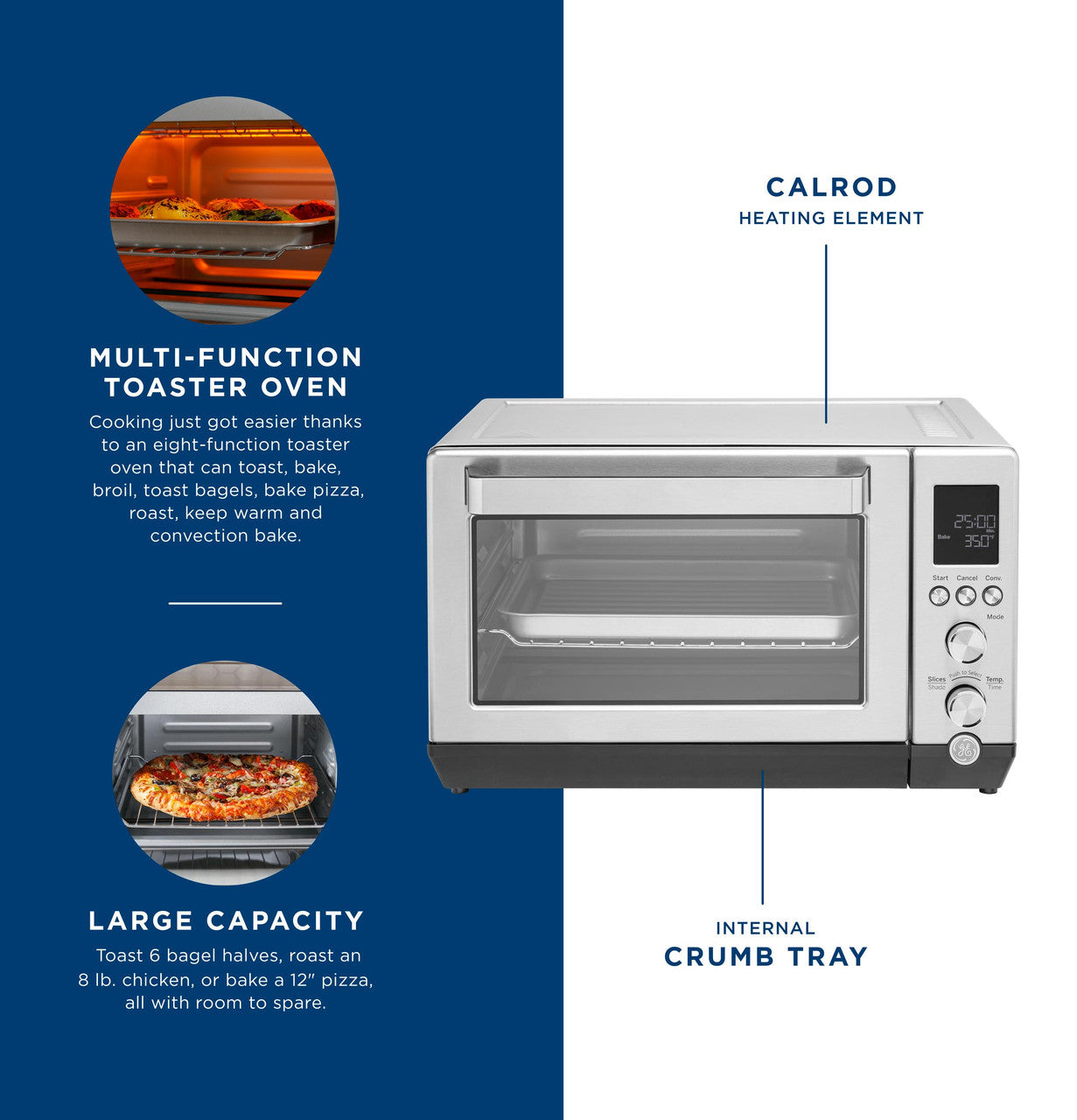 GE Calrod 6-Slice Convection Toaster Oven – with Bake, Broil & Toast Settings, Auto Shutoff, Stainless Steel, Large Capacity (0.88 cu ft), Quartz & Halogen Heating