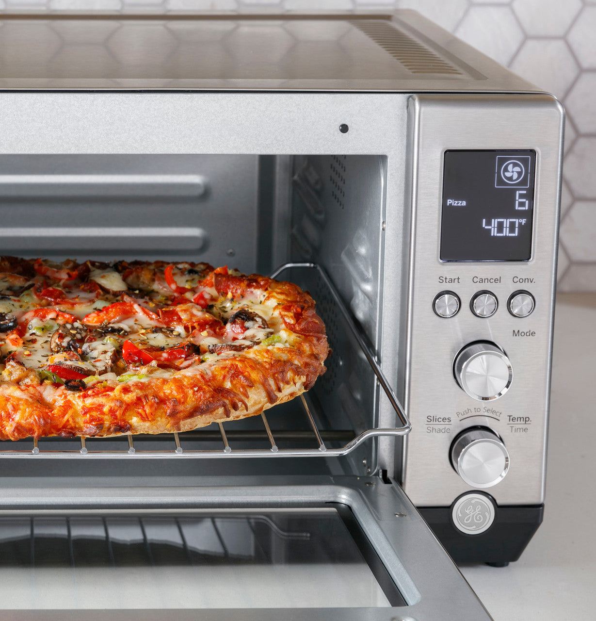 GE Calrod 6-Slice Convection Toaster Oven – with Bake, Broil & Toast Settings, Auto Shutoff, Stainless Steel, Large Capacity (0.88 cu ft), Quartz & Halogen Heating